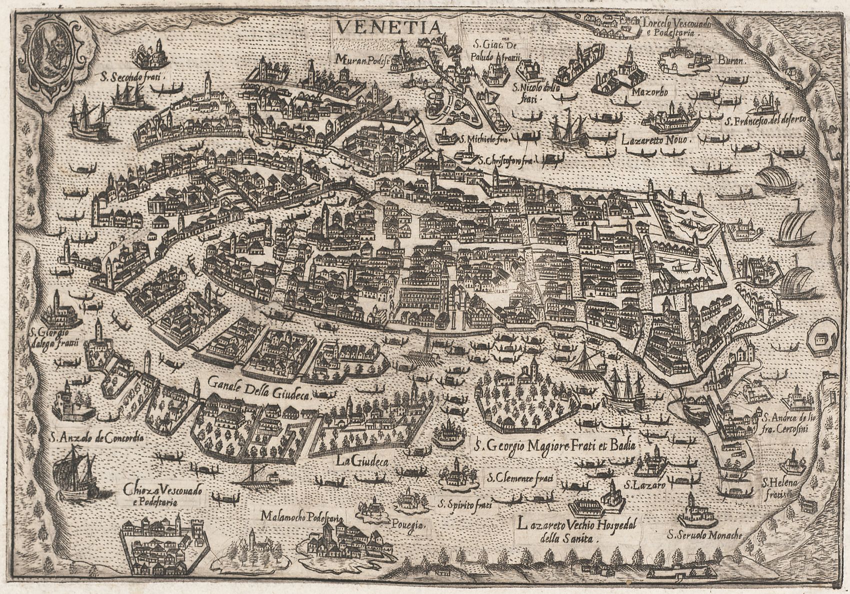 Bird’s eye view of Venice in the atlas Theatrum urbium italiacarum, published by P. Bertelli in 1599. 