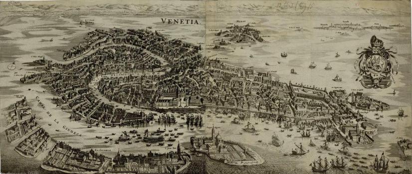 Bird’s-eye view of Venice, produced by M. Merian the Elder in the mid 17th century.