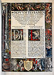 Novum Testamentum omne, multo quam antehac diligentius ab Erasmo Roteodamo recognitum...[Basel: Froben, 1519] Beginning of the Gospel of Matthew. The engravings are hand-painted. a<sub>1</sub> r.