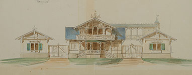 N.  Benois. Mansion house and guardhause at D.Sheremetev's summer cottage Ulyanka.Plan and draft of the facade.
