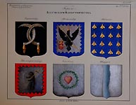 Coats of Arms of  Kaluga Province. Serpeisk, Mosalsk, Medyn, Maloyaroslavets, Borovsk, Tarusa.