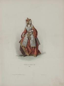 Unknown engraver after a drawing by F.C. Compte-Calix. Court of Louis XII (1510). 1854. Coloured  steel-plate engraving