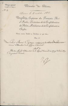 Проект указа о производстве капитана Барера в кавалеры ордена Почетного легиона за подписью императора.
