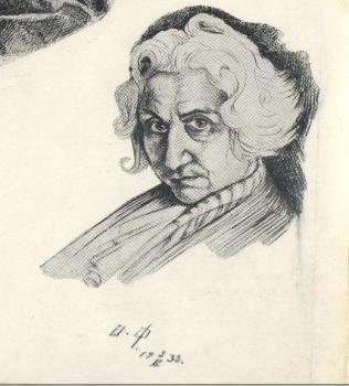 О. Д. Форш. Гравюра по собственному рисунку. Фрагмент портретной композиции на фронтисписе ее книги «Современники» (Л., 1935).