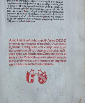 Clemens V., Papst: Constitutiones. Basel: Michael Wenssler, 2.V.1476. 2° (GW 7087). Издательская марка Михаэля Венсслера