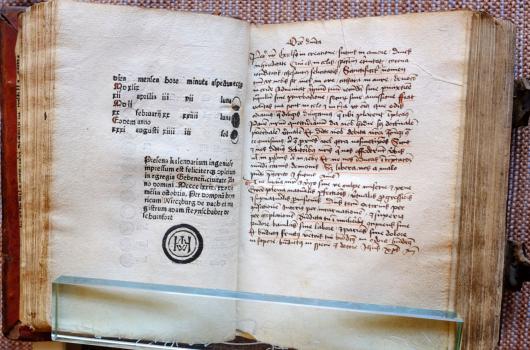 Kalendarium. 100jähriger Kalender 1479–1578, lat. Genf: Heinrich Wirczburg und Adam Steinschaber, 25.X.1479. 8°(GW M15991). Colophon