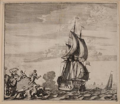 Adrian Schoonebeck. A Drawing of a Warship Praying to St. Apostle Peter by its Name.... (View of the ship Goto Predestinatia (literally The Foresight of God), from the bow). 1701