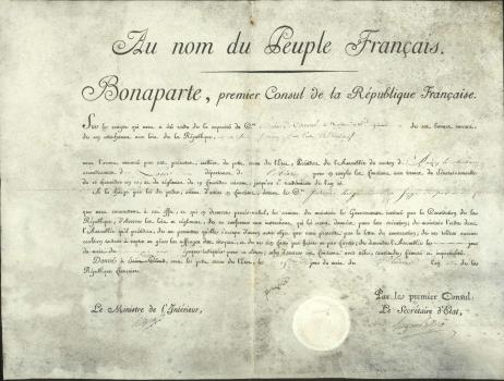 Decree appointing Citizen Dubois de Courval President of the Assembly of the Canton of Anisy-le-Château, signed by First Consul Bonaparte.