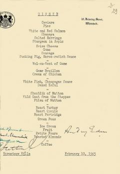 Menu of the Lunch Held at the Yalta Conference in the Vorontsov Palace for the Leaders of the Three Powers on February 10, 1945